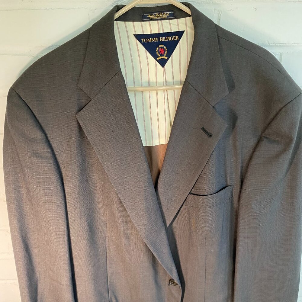 Tommy Hilfiger Suit Jacket Sport Coat Blazer Gray Patterned Wool 44S Short NICE!